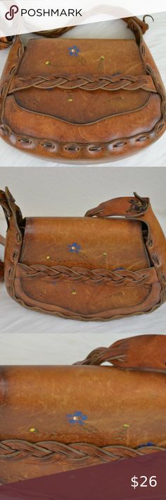 -Vintage leather saddle stitched bag w paint flap Hand Painted Flowers, Painted Flowers, Braided Strap, Vintage Handbags, Vintage Bags, Vintage Leather, Saddle Bags, Bags Shoulder, Real Leather