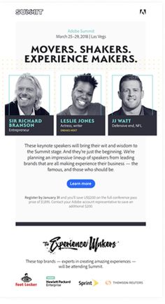 an email page with three men on it and the words movers shakers experience makers