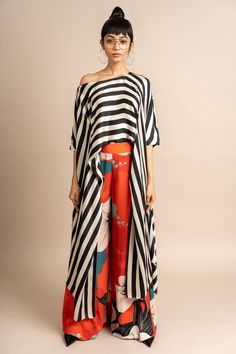 Shop for Nupur Kanoi Multi Color Satin Stripe Print Off Shoulder Top And A-line Pant Set for Women Online at Aza Fashions Luxury Digital Print Kurta For Navratri, Luxury Festive Summer Tunic, Festive High-end Printed Tunic, Luxury Chic Tunic For Daywear, Nupur Kanoi, Satin Pant, Cropped Wide Leg Trousers, Kaftan Designs, Top Satin