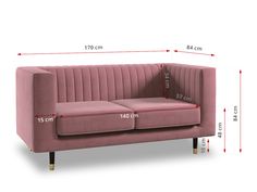 a pink couch with measurements for the seat and back side, shown in front of a white background