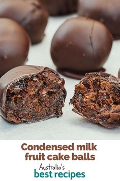 chocolate covered milk fruit cake balls with the words best recipes written below it in white lettering