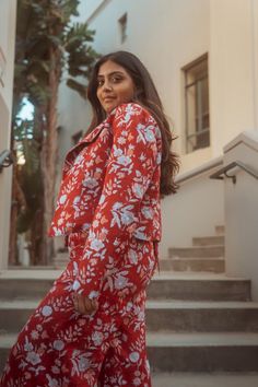 Ships 6-8 weeks after June 1st. This fabric is naturally dyed and hand block printed on 100% cotton. The garment was created in South India taking 12 hours to create. The item makes a perfect set with the Red Floral Hand Block Printed Wide Leg Pant Set Pants & Matching Top. 100% Cotton Gentle hand wash separately in cold water. Dry the garments inside out, preferably not in direct sunlight June 1st, Printed Wide Leg Pants, Printed Blazer, South India, Naturally Dyed, Matching Top, Pant Set, 8 Weeks, Top 100