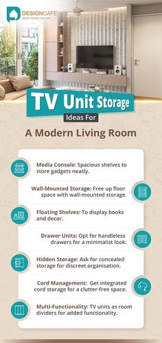 the tv unit storage ideas for a modern living room info sheet with instructions to use it