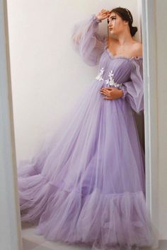 Elegant Long Sleeves Purple Tulle Long Prom Dresses, Long Sleeves Purple Formal Evening Dresses Prom Dress Purple, Tulle Formal Dress, Tulle Long Prom Dress, Maternity Dresses For Baby Shower, Purple Tulle, Sleeved Wedding, A Line Evening Dress, Long Sleeve Prom, Gown Photos