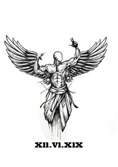 a black and white drawing of a man with wings on his back, holding two hands up