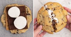 two photos one with chocolate chip cookies and the other with marshmallows