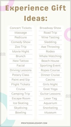 a printable experience gift list for kids with text overlay that reads experience gift ideas