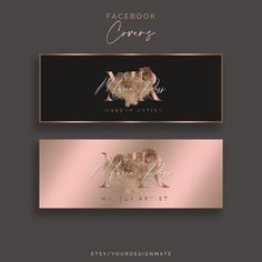 two business cards with the words makeup artist and flowers in gold foil on a black background