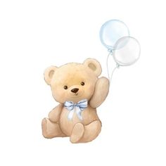 a brown teddy bear holding onto a white balloon with a blue bow on it's head