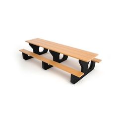 a wooden bench sitting on top of a white floor next to a black metal table