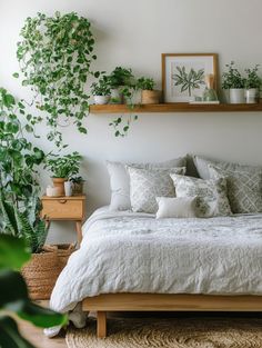 a bed with white linens, pillows and plants on the wall above it in a bedroom