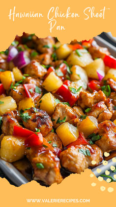 hawaiian chicken sheet pan with pineapples, peppers and onions on the side in an orange background