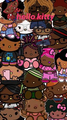 a bunch of cartoon bears that are all wearing hats and sunglasses with the words hello kitty on them