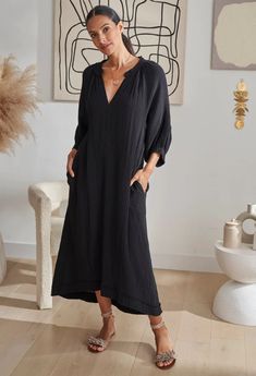 Eco Friendly Black Gauze Dress with Pockets | ocean+main Long Sleeve Relaxed Fit Dress For Lounging, Relaxed Cotton Lounge Dress, Relaxed Fit Cotton Dress For Lounging, Relaxed Fit Cotton Lounging Dress, Eco Friendly Clothes, Double Gauze Fabric, Gauze Dress, By The Ocean, Gauze Fabric