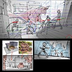 the concept art for an animated movie is shown in three different stages, including drawing and rendering