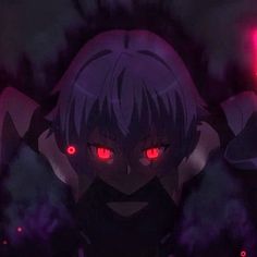 an anime character with red eyes in the dark