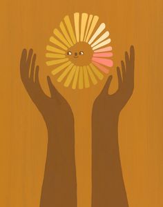 two hands reaching out towards each other with a sun in the middle and an orange background