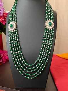 Green and Pearl Beads 5 Lines Each side/22 inch Long Haram/Only One Haram/Kundan CZ Stones/Side Pendents/Hand Made Haram/Indian jewelry. This item is perfect for Gift and  parties and festivals! DETAILS: Includes One Long Haram Only  Necklace: 24.0 inches Long total /Rope to go longer  Weighs 3.65 oz (103 g) Material: Kundan Antique Gold Finish. Finish: Premium Quality Antique Gold  finish.  NOTE: I try my best to show you photos of my products as they appear in real life, but please note that v Green Kundan Necklace With Polished Beads, Silver Kundan Necklace With Cutdana And Round Beads, Butter Paper, Long Haram, Fire Water, Abaya Designs, Pearl Jewellery, Real Jewelry, Elegant Necklaces