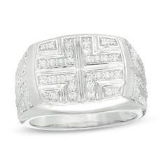 Take his look up a notch with this stunning diamond ring. Created in cool 10K white gold, this style showcases a cushion-shaped top adorned with diamonds and grooved details in a cross-shaped motif. The shank features a complementing grooved and diamond-adorned design. Radiant with 7/8 ct. t.w. of diamonds and a brilliant buffed luster, this ring delivers a big visual punch. White Gold Diamond Cut Diamond Signet Ring, White Gold Diamond Cut Signet Ring, Silver Radiant Cut Diamond Ring With Single Cut Diamonds, Square Cut Diamond Jewelry With Accents, Dazzling Square Cut White Gold Diamond Ring, Elegant White Diamond Signet Ring, White Gold Diamond Cut Cubic Zirconia Signet Ring, White Diamond Round Signet Ring, White Gold Signet Ring With Diamond Accents