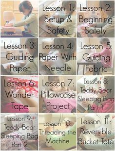 a series of photos showing how to teach children about sewing and quilting, including instructions on how to sew