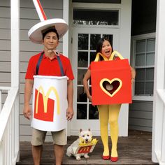 a man and woman are dressed up as mcdonald's characters, including a dog