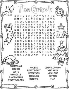 the grin word search is shown in black and white with christmas themed items on it