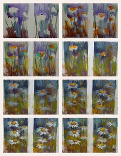 nine paintings of flowers in different colors and sizes