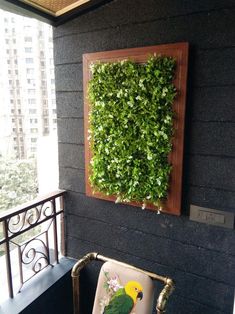 a green wall mounted to the side of a building next to a chair with a bird on it