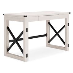 a white desk with black cross legs