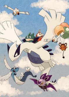 pokemon flying in the sky with balloons and other cartoon characters around them on a cloudy day