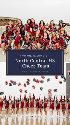 the north central hs cheer team is posing in their red and black outfits with pom poms