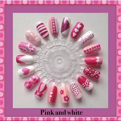 Nail Art Wheel Ideas, Pink White Nail Art, Nail Art Wheel Design, Nail Wheel Design, Easy Heart Nail Art, Dotting Nail Art Designs, Pink And White Nail Art, Red And White Nail Art, Heart Nail Art Designs