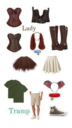 some different types of clothes and shoes with words that say lady tramp on them