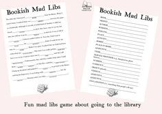 two bookshelf mad libs are next to each other on a pink background