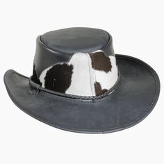 This exquisite Pinto leather cowboy hat offers the perfect combination of western and urban style. Its classic western outback brim, hair on calf mid crown, and brown three-braided band with a brown leather tab make for a sophisticated and timeless design. Whether you're looking to complete a cosmopolitan look or embrace your inner cowboy, this classic piece will always be en vogue. Featuring a super comfortable removable sweatband liner that attaches securely with velcro tabs sewn-in to the hat Rustic Leather Fedora For Rodeo, Leather Fedora Hats For Rodeo, Leather Brimmed Fedora For Rodeo, Western Leather Fedora With Flat Brim, Western Style Leather Fedora With Flat Brim, Rustic Leather Fedora For Western-themed Events, Leather Fedora For Rodeo With Short Brim, Wide Brim Leather Fedora For Western-themed Events, Leather Wide Brim Fedora For Western-themed Events