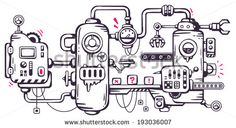 a line drawing of various electrical devices connected to each other with wires and plugs