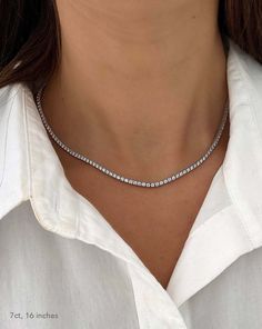 The Classic Diamond Tennis Necklace is a must-have item for your jewelry collection. Versatile enough to be worn from day to night, this iconic piece will never go out of style. We are excited to now offer this style in 4 different carat weights and 2 different lengths! Dorsey Tennis Necklace, Tennis Necklace Diamond, Tennis Jewelry, Necklace Length Guide, Bracelet Size Chart, Diamond Tennis Necklace, Kids Rings, Kids Bracelets, Size Chart For Kids