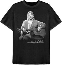 a black t - shirt with an image of a man holding a guitar