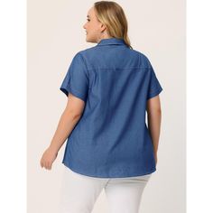 Denim button-up shirts women are featured in a classic style, short sleeve women's tops with a relaxed fit to add the perfect to any laidback look. Denim chambray button-down shirts for women featuring a basic collar, button closures in front, chest flap pockets, and spring and fall clothes with short sleeves that can be dropped down or rolled up. Solid Color Cotton Short Sleeve Shirt, Cotton Short Sleeve Shirt In Solid Color, Solid Denim Top With Button Closure, Solid Color Short Sleeve Relaxed Fit Blouse, Solid Color Short Sleeve Blouse With Relaxed Fit, Relaxed Fit Solid Color Short Sleeve Blouse, Solid Color Relaxed Fit Short Sleeve Blouse, Collared Denim Blue Blouse With Pockets, Solid Collared Denim Shirt