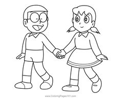 two cartoon kids holding hands and smiling at each other with their faces drawn in black and white