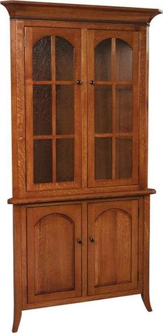 a wooden china cabinet with glass doors