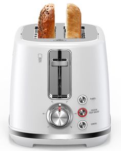 two pieces of bread are sitting on top of a toaster, one is silver and the other is white