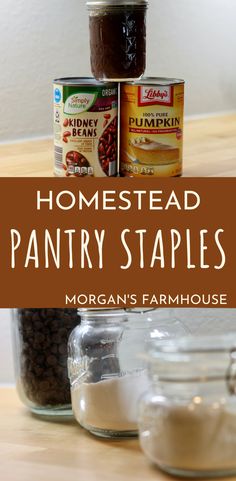 jars filled with pantry staples sitting on top of a wooden table