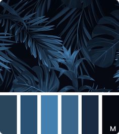 blue and black color scheme with palm leaves