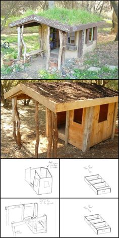 the plans for an outdoor dog house are shown in three different views, one is made out of wood and the other has grass on it's roof