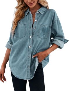 PRICES MAY VARY. Materials: This oversized jean shirts are made of lightweight and comfortable cotton and polyester, a classic denim shirt is a must-have for you. Can also be used as a swimsuit cover-up or sun protection clothing. Features: Long sleeve denim shirts for women, the jean tops is design with button down, lapel collar, functional pockets, relaxed fit style and rolled up design, provide you all day comfort while looking stylish. Occasions: Great season transition denim outerwear, suit Womens Fall Outfits, Conversation Starters For Kids, Slouchy Shirt, Oversized Jean Jacket, Oversized Jeans, Long Sleeve Denim Shirt, Jacket With Pockets, Denim Outerwear, Great Conversation Starters