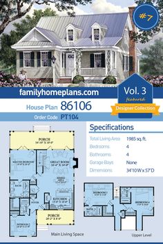 the floor plan for this house is shown in blue and white, with two levels to each