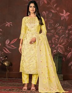 fashionable yellow banarasi designer party wear heavy salwar suit collection with yellow santoon 13597-acy3650 Front View Heavy Salwar Suit, Yellow Dupatta, Suit Collection, Trouser Suit, Long Kaftan, Silk Bottoms, Silk Lehenga, Organza Fabric, Pant Suit