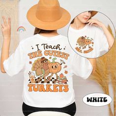 Teacher Shirt Retro Fall Shirt I Teach The Cutest Turkeys, Teacher Thanksgiving Pumpkins Shirt, Back To School, Teacher Appreciation Gifts ↓ Click here to view our additional fashionable collections  https://handcraftedbyhelenn.etsy.com Product Details: - 100% Cotton (fiber content may vary for different colors) - Medium fabric (5.3 oz/yd2 (180 g/m2)) - Classic fit - Tear away label - Runs true to size Care instructions: - Machine wash: warm (max 40C or 105F); - Non-chlorine: bleach as needed; - Tumble dry: Medium - Do not iron; Do not dry clean ● Please choose your preferred style, size, and color from the dropdown menu or leave us a message in the "notes to seller" section. ● We are committed to processing and shipping your items as quickly as possible, but please note that custom printi Teacher Thanksgiving, Thanksgiving Pumpkins, Teachers Thanksgiving, Pumpkin Thanksgiving, Thanksgiving Shirt, Pumpkin Shirt, Fall Shirt, Thanksgiving Shirts, Appreciation Gifts