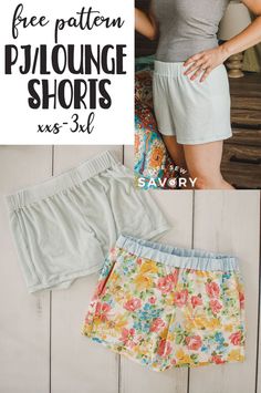 two women's shorts with the text free pattern pj / lounge shorts xs - 3xl